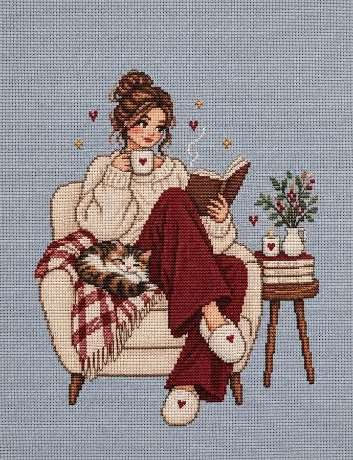 Cozy Reading With My Cat Cross Stitch Pattern Instant Download PDF