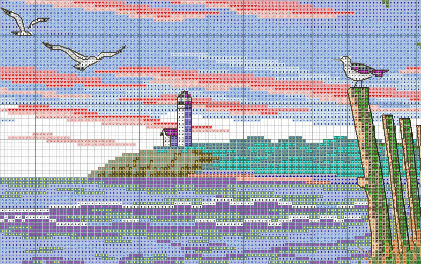 Beauty of the Beach Counted Cross Stitch Pattern Digital Pattern Modern Decor Landscape Pattern Hand Embroidery Needlepoint Seagulls Sea