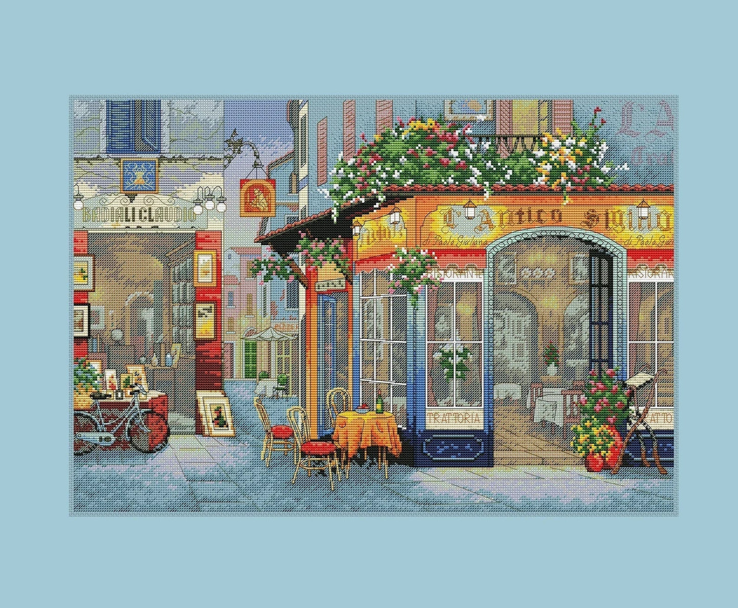 City Street Cross Stitch Pattern City landscape Cafe Needlepoint Pattern Printable PDF Instant Download X-stitch Needlepoint Pattern