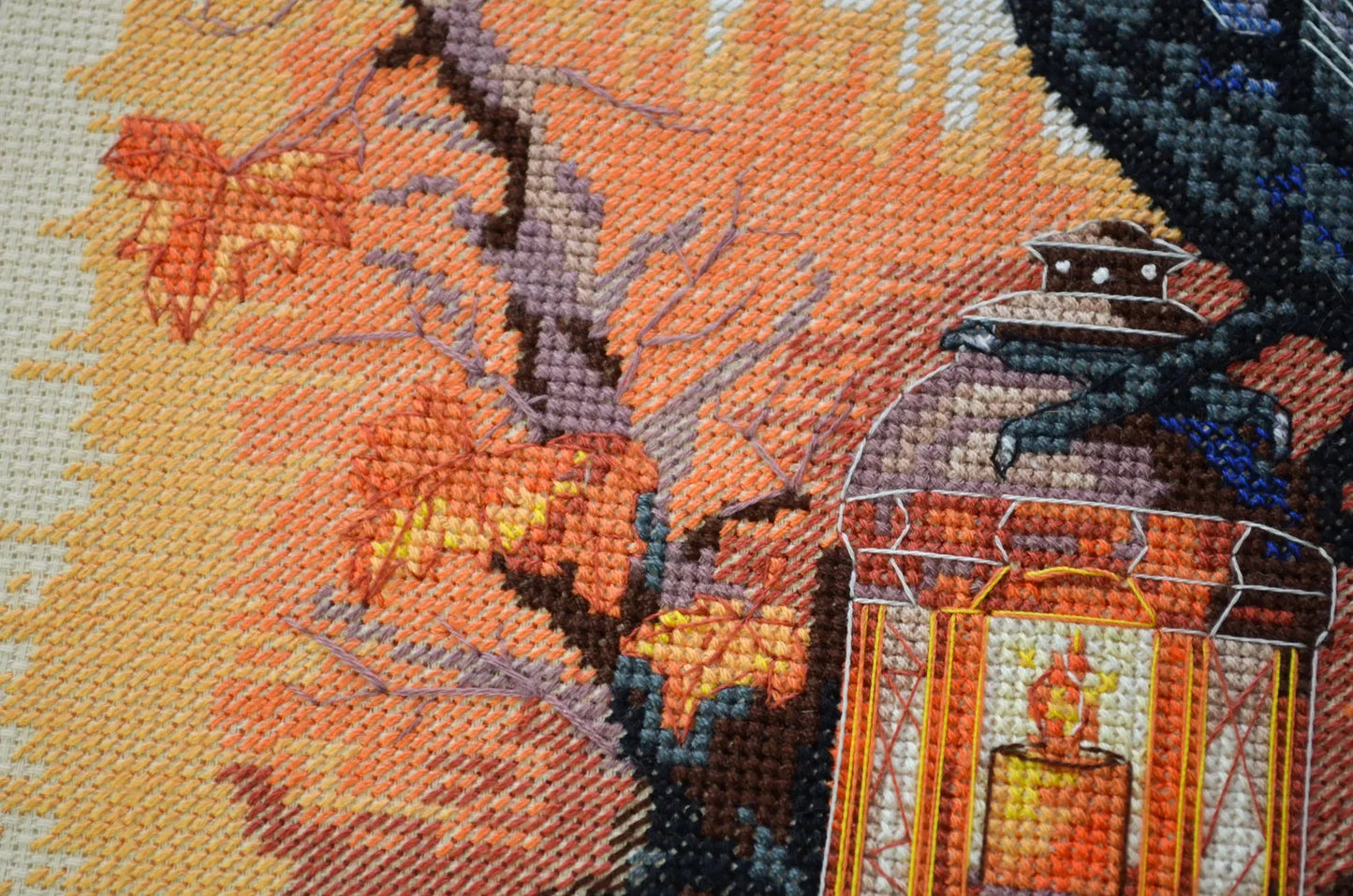 Gothic Raven Cross Stitch, black spooky bird on lantern x-stitch, Halloween animal design Modern Xstitch Chart PDF Instant Download