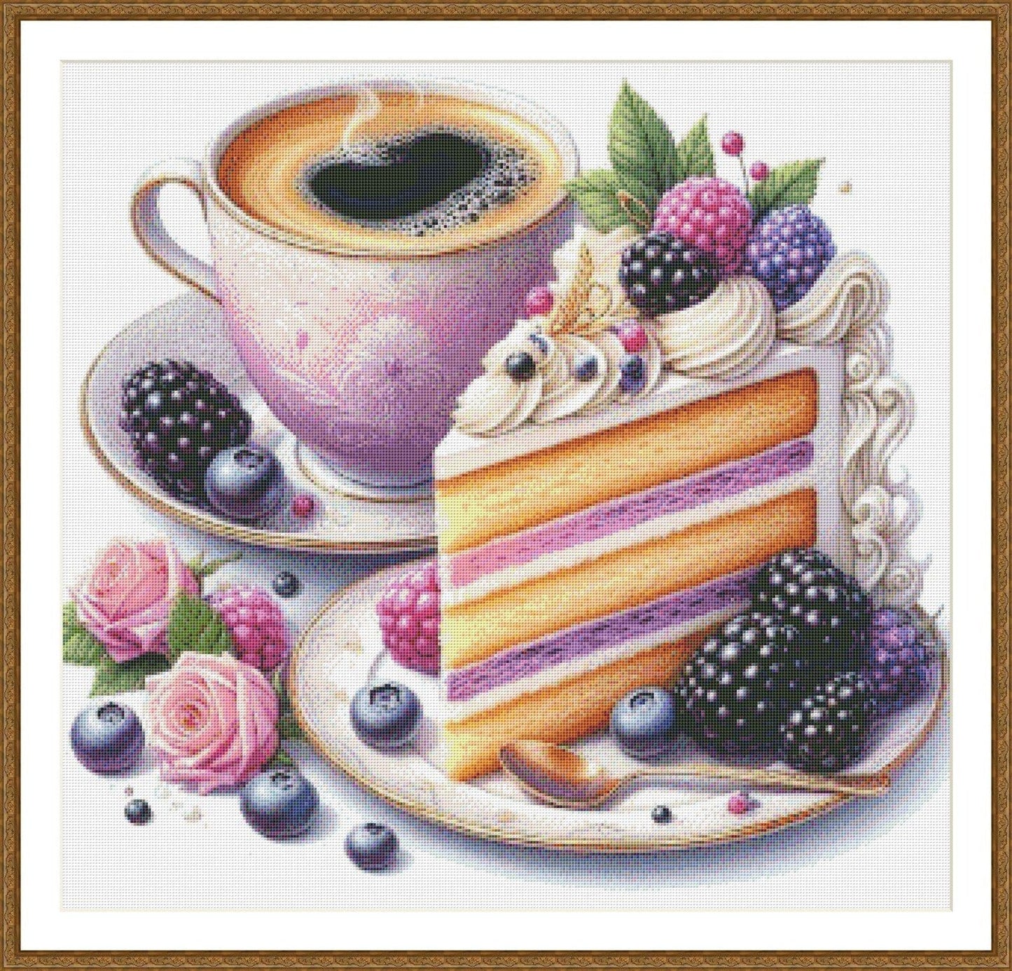 Coffee and Berry Cake Cross Stitch Pattern, Elegant Dessert and Tea Embroidery Design, Instant PDF Download for Kitchen Decor