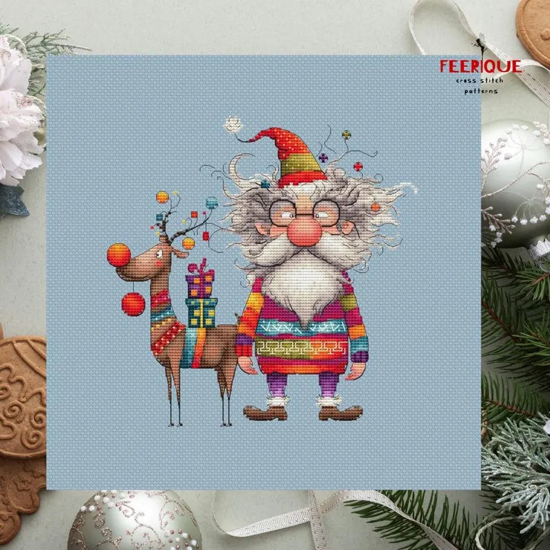 Festive Christmas Cross Stitch Pattern: Santa Claus and Reindeer Delight, digital Saga, PDF, funny grandfather frost, humorous reindeer