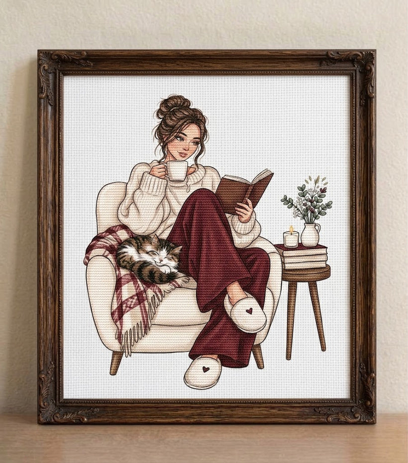 Cozy Reading With My Cat Cross Stitch Pattern  Instant Download PDF