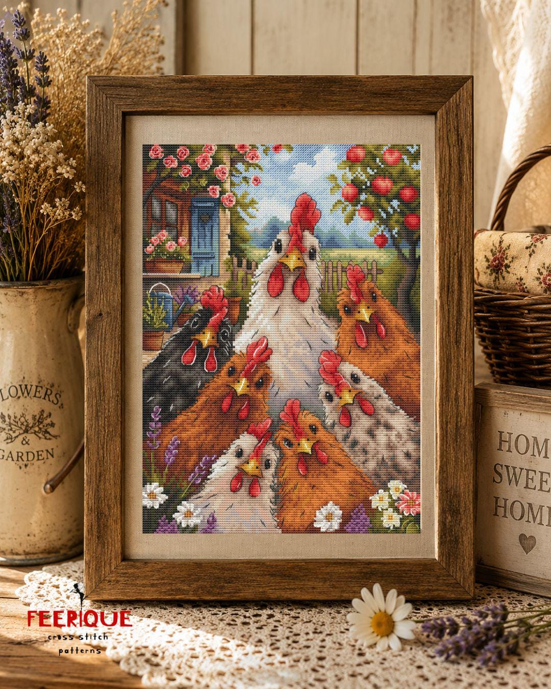 Chicken Family Cross Stitch Pattern, Farmhouse Hen Embroidery Design, Rustic Rooster Chart, Country Cottage