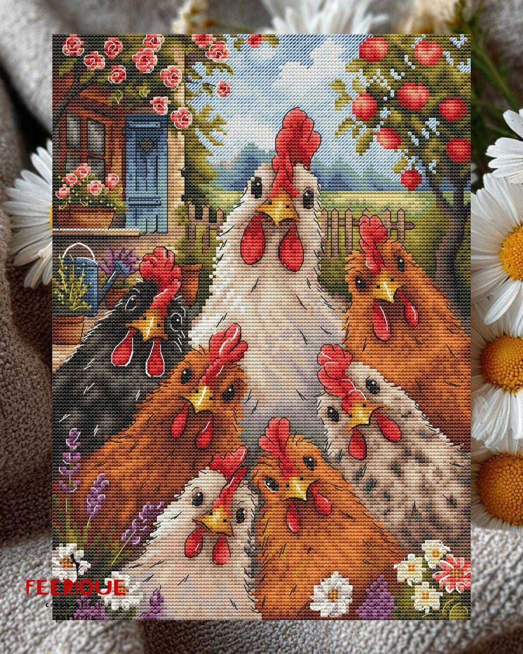 Chicken Family Cross Stitch Pattern, Farmhouse Hen Embroidery Design, Rustic Rooster Chart, Country Cottage
