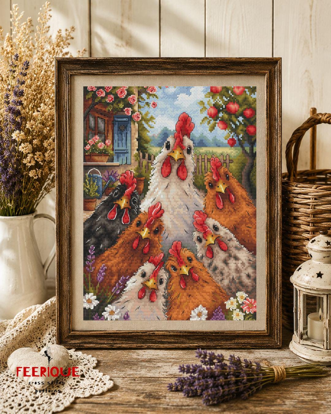 Chicken Family Cross Stitch Pattern, Farmhouse Hen Embroidery Design, Rustic Rooster Chart, Country Cottage