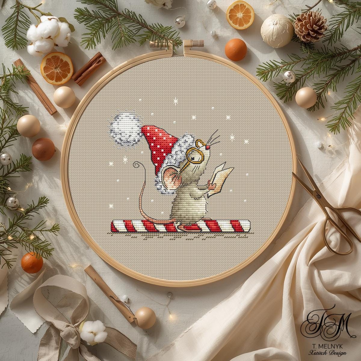 Christmas Mouse Cross Stitch Pattern PDF Holiday Caroler Reading Book Winter Mouse in Glasses & Santa Hat |Instant Download