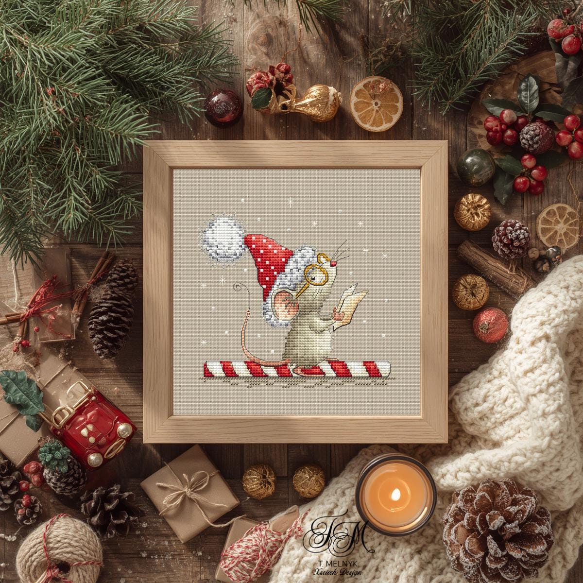 Christmas Mouse Cross Stitch Pattern PDF Holiday Caroler Reading Book Winter Mouse in Glasses & Santa Hat |Instant Download