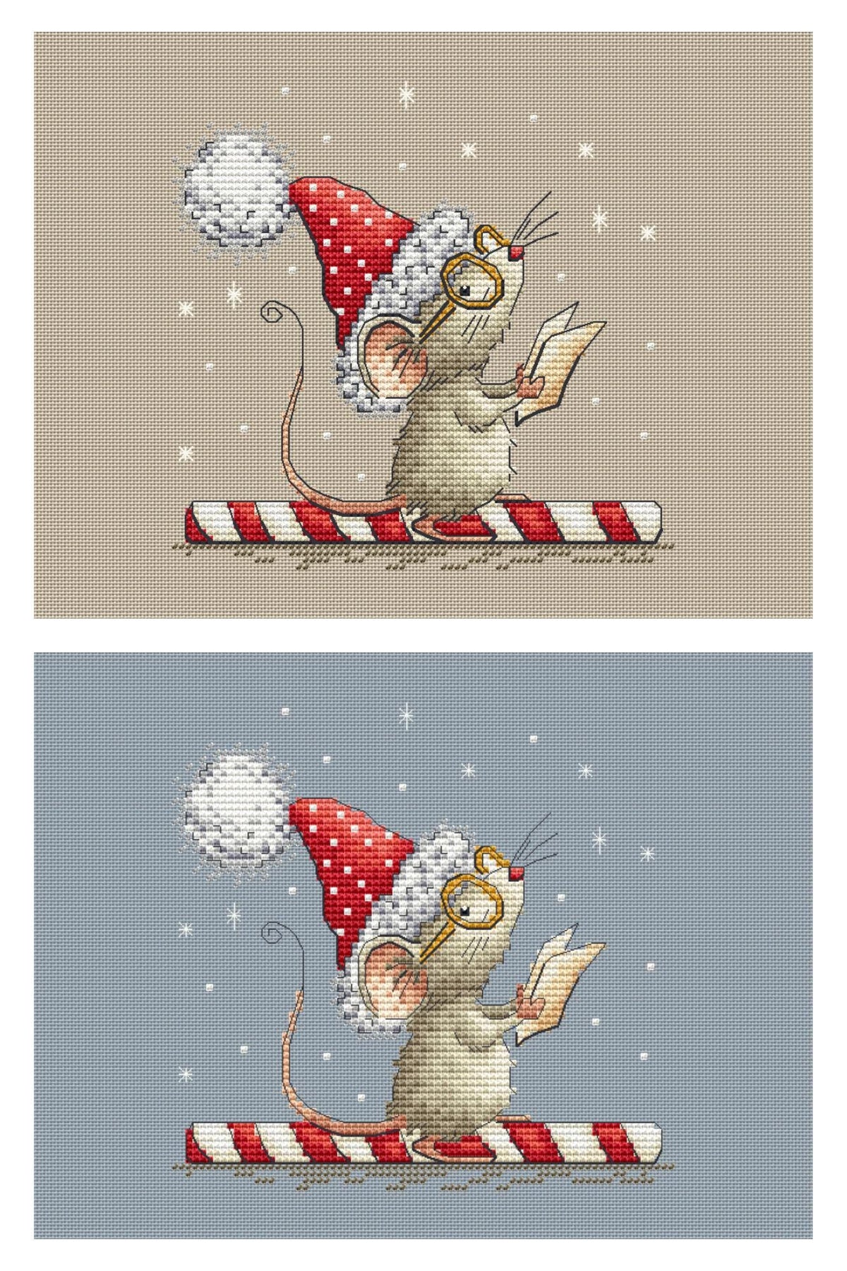 Christmas Mouse Cross Stitch Pattern PDF Holiday Caroler Reading Book Winter Mouse in Glasses & Santa Hat |Instant Download