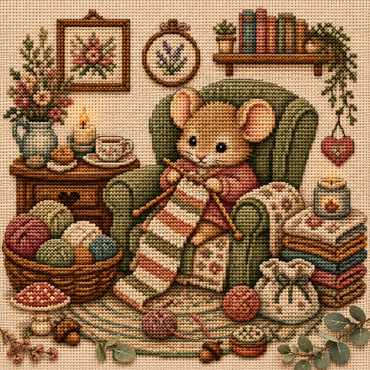 Cozy Knitting Mouse Cross Stitch Pattern, Cottagecore Animal Needlework (Digital Download)