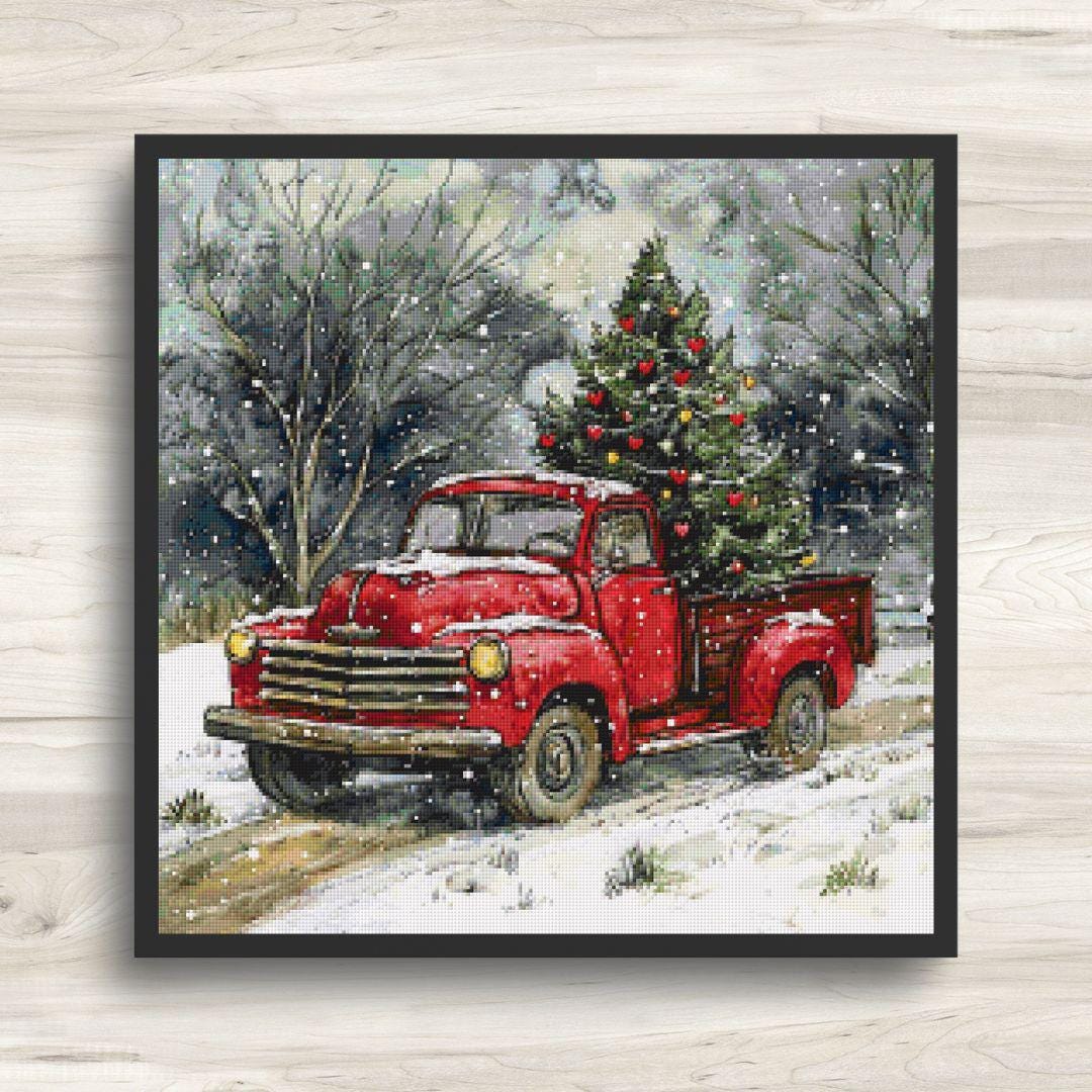 Cross Stitch Pattern: Red Pickup Truck & Christmas Tree Motif 2 - PDF Instant Download