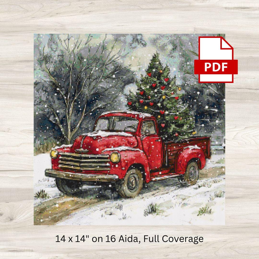 Cross Stitch Pattern: Red Pickup Truck & Christmas Tree Motif 2 - PDF Instant Download