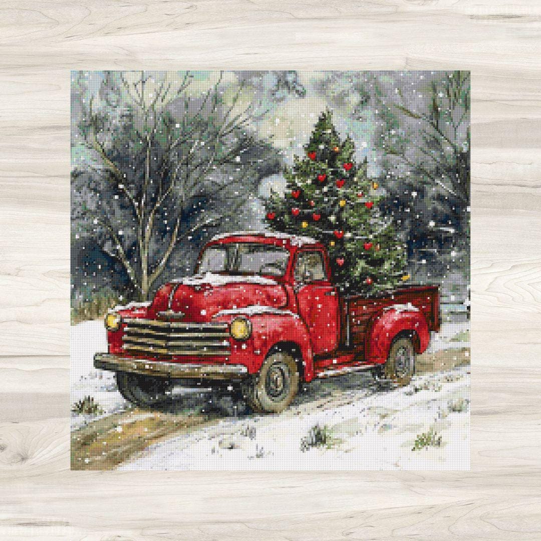 Cross Stitch Pattern: Red Pickup Truck & Christmas Tree Motif 2 - PDF Instant Download