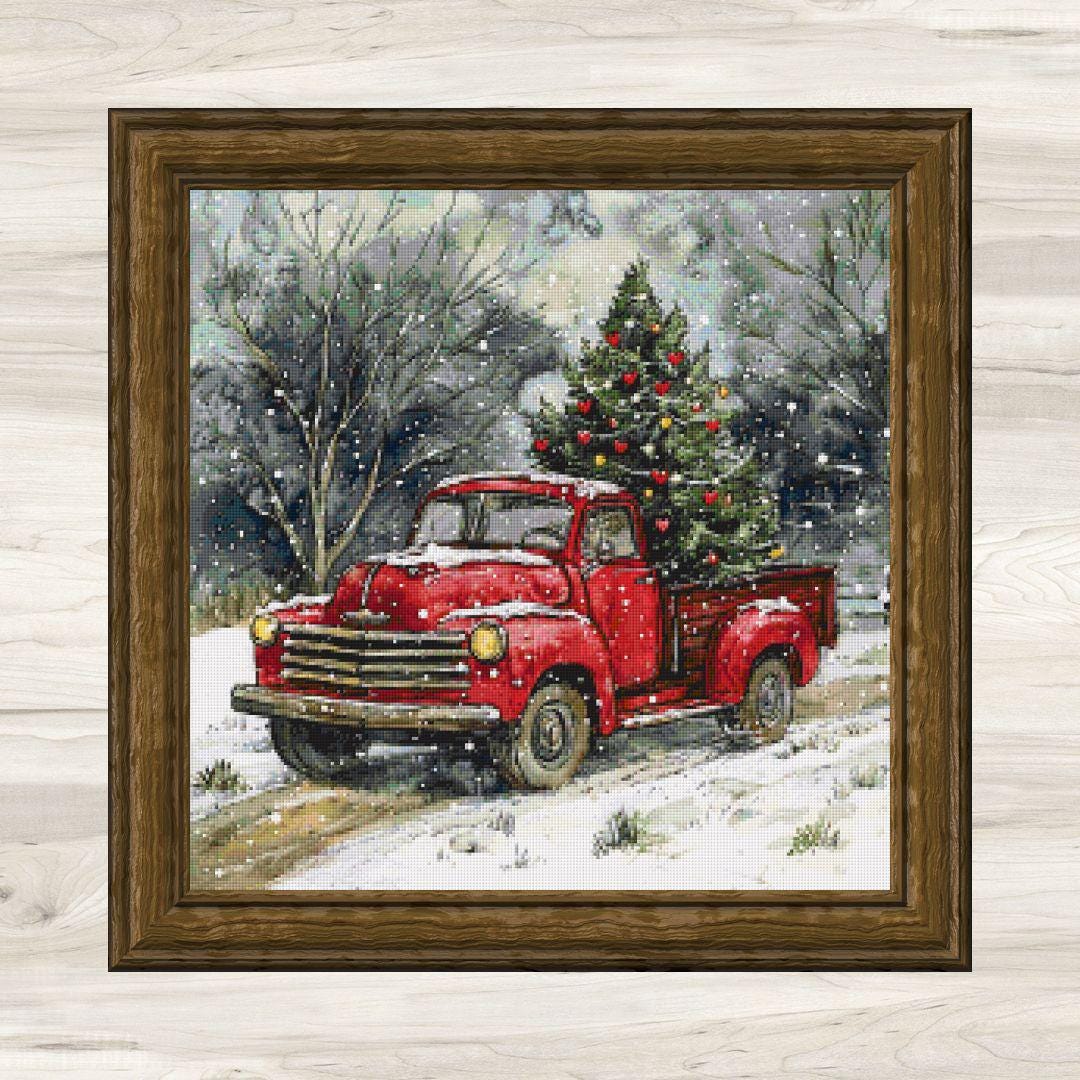 Cross Stitch Pattern: Red Pickup Truck & Christmas Tree Motif 2 - PDF Instant Download