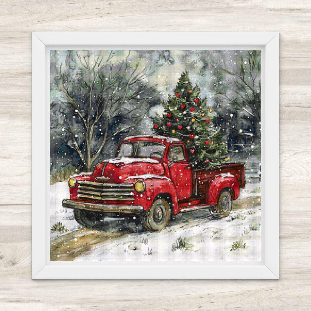 Cross Stitch Pattern: Red Pickup Truck & Christmas Tree Motif 2 - PDF Instant Download