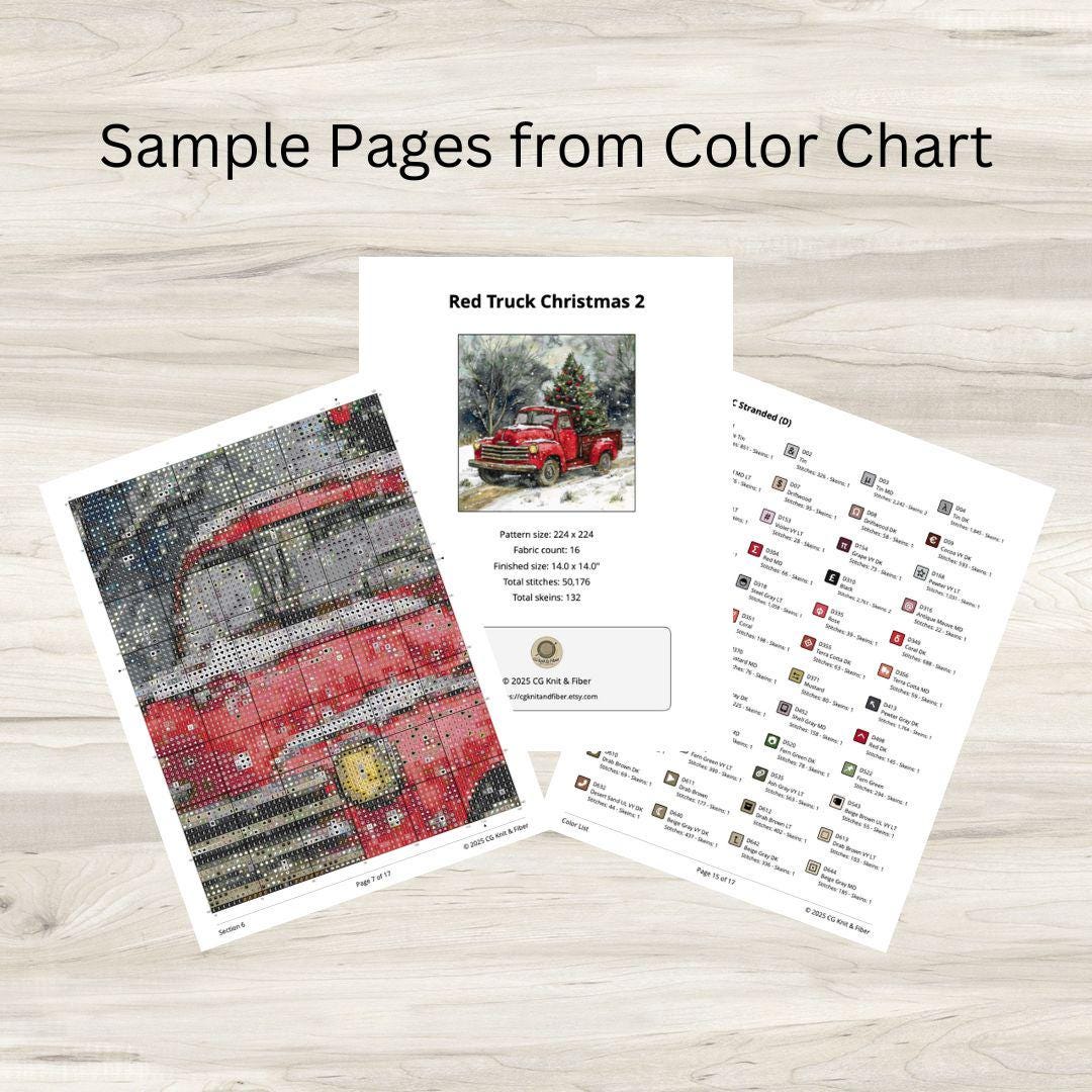Cross Stitch Pattern: Red Pickup Truck & Christmas Tree Motif 2 - PDF Instant Download