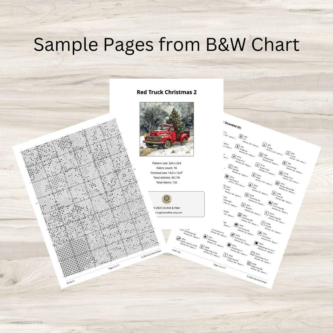 Cross Stitch Pattern: Red Pickup Truck & Christmas Tree Motif 2 - PDF Instant Download