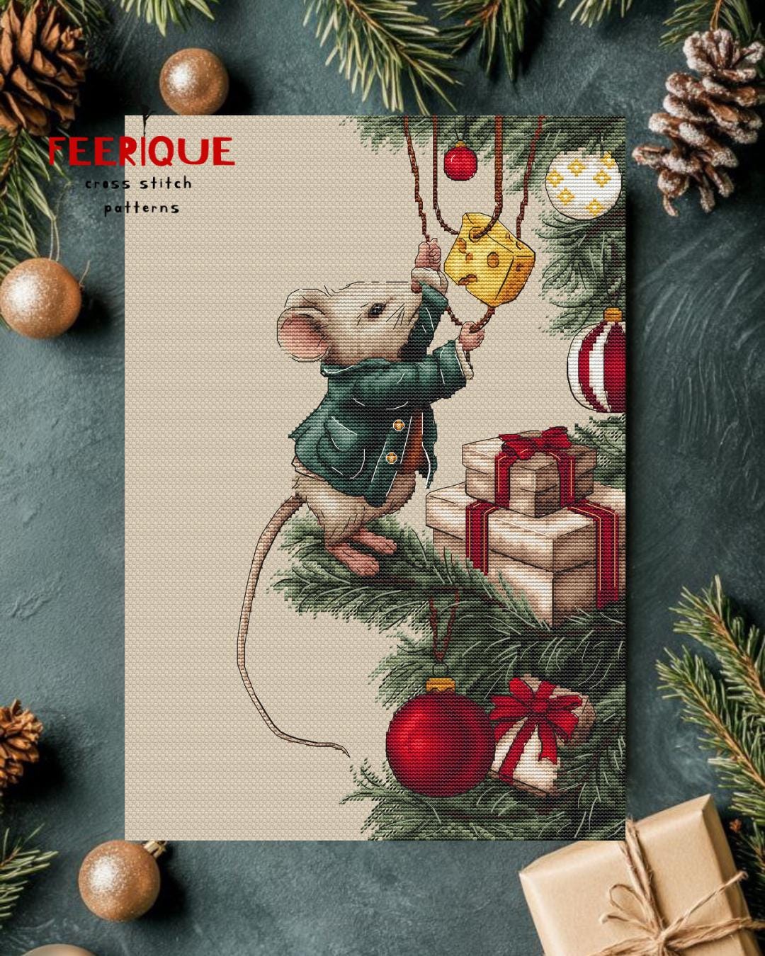 Cross stitch pattern “Merry Cheese-mas”. Christmas mouse and balloons chart. Feerique cross stitch. Holiday embroidery pattern. Xmas decor