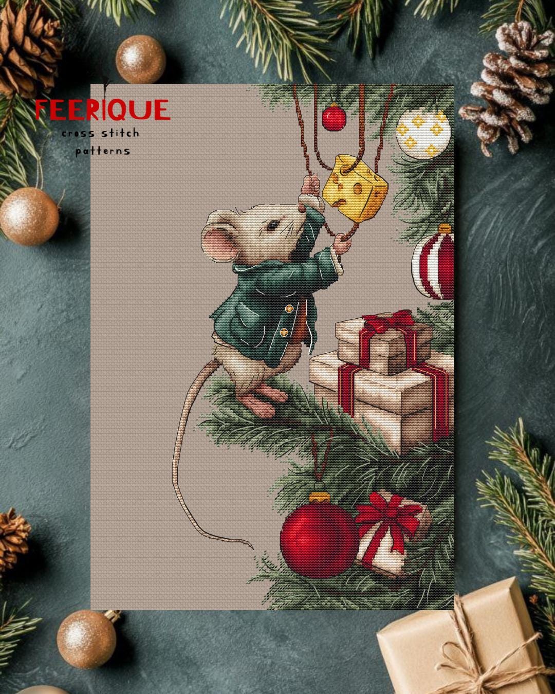 Cross stitch pattern “Merry Cheese-mas”. Christmas mouse and balloons chart. Feerique cross stitch. Holiday embroidery pattern. Xmas decor