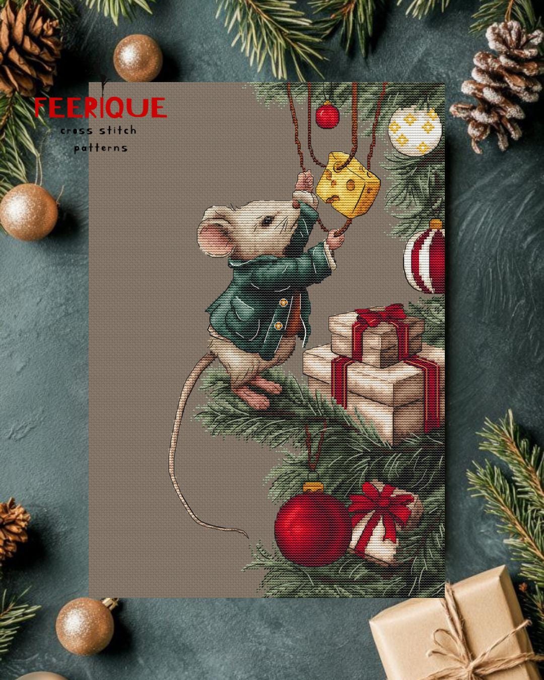 Cross stitch pattern “Merry Cheese-mas”. Christmas mouse and balloons chart. Feerique cross stitch. Holiday embroidery pattern. Xmas decor