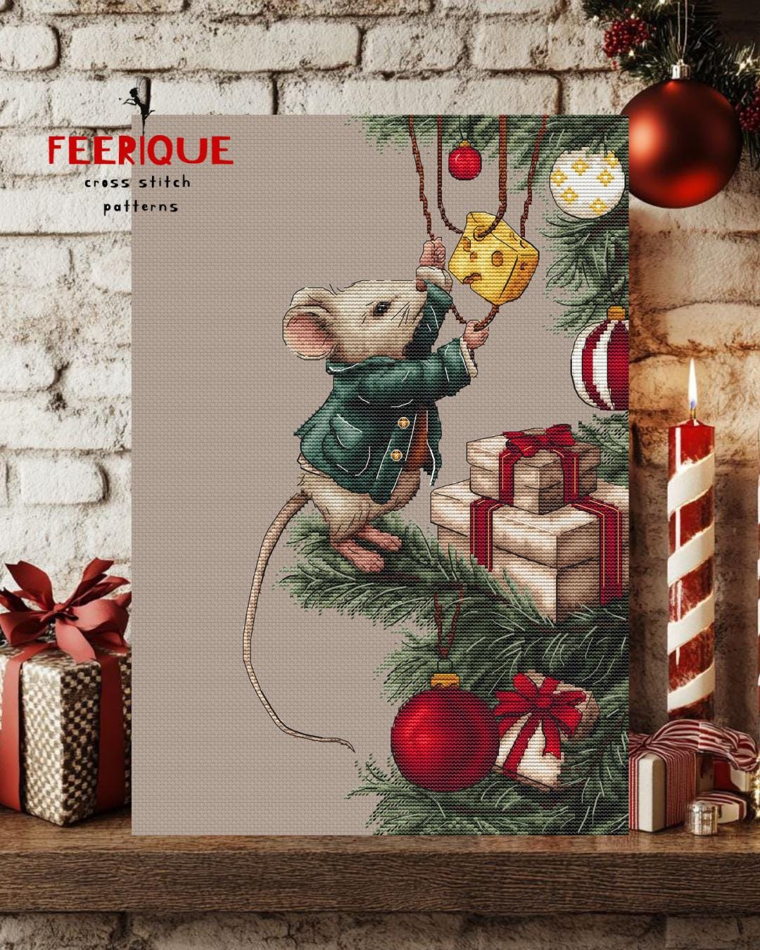 Cross stitch pattern “Merry Cheese-mas”. Christmas mouse and balloons chart. Feerique cross stitch. Holiday embroidery pattern. Xmas decor