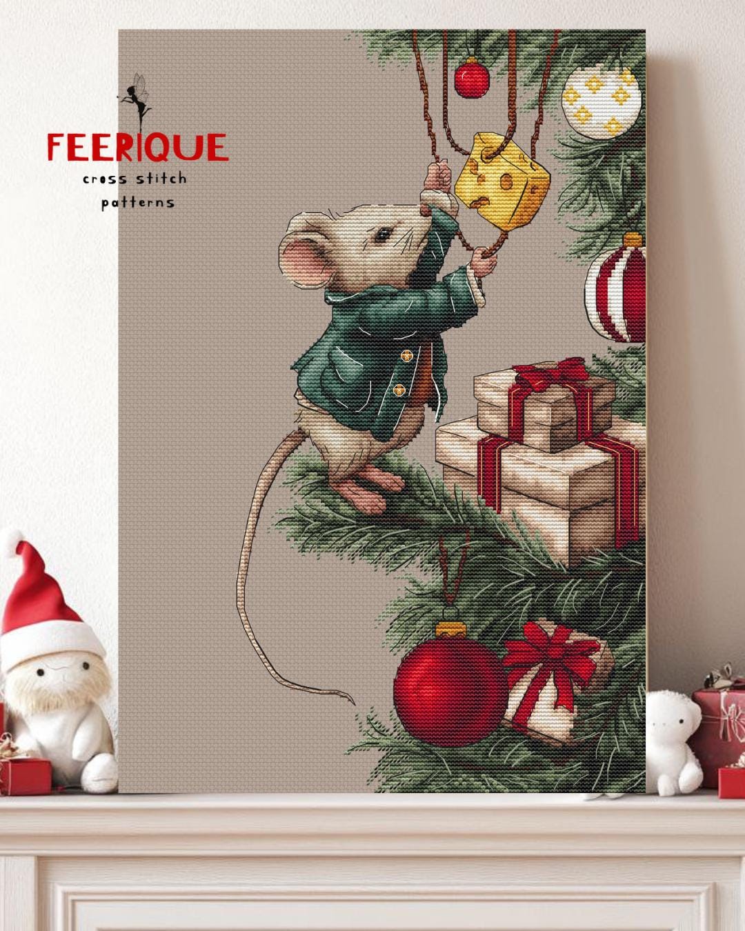 Cross stitch pattern “Merry Cheese-mas”. Christmas mouse and balloons chart. Feerique cross stitch. Holiday embroidery pattern. Xmas decor