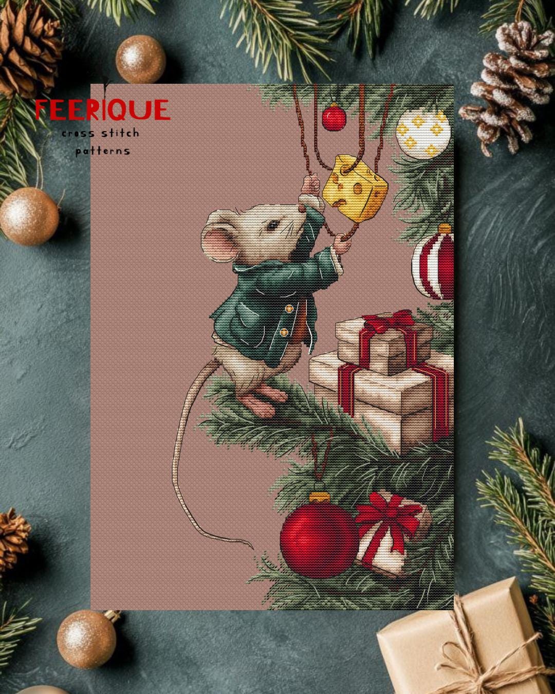 Cross stitch pattern “Merry Cheese-mas”. Christmas mouse and balloons chart. Feerique cross stitch. Holiday embroidery pattern. Xmas decor
