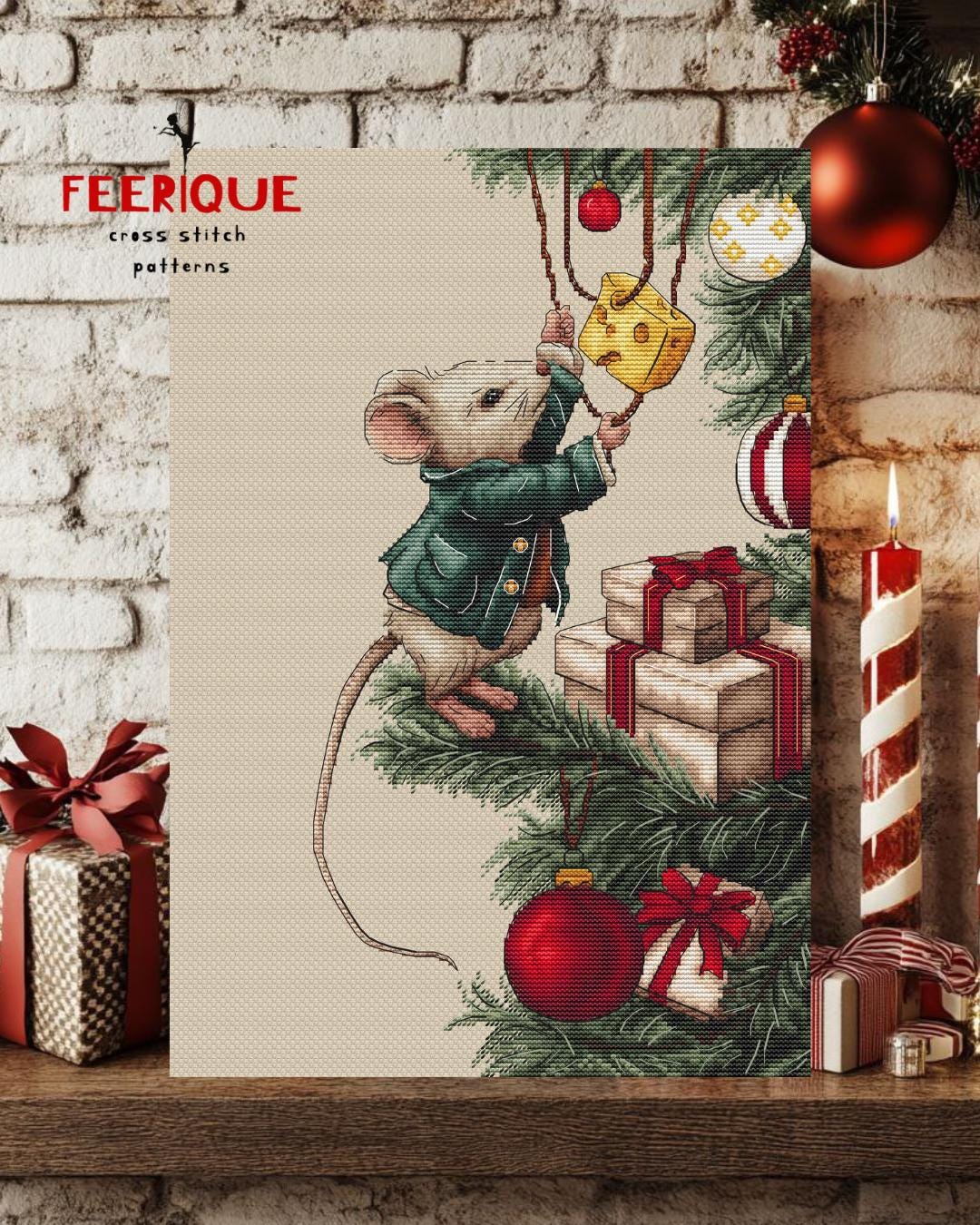 Cross stitch pattern “Merry Cheese-mas”. Christmas mouse and balloons chart. Feerique cross stitch. Holiday embroidery pattern. Xmas decor