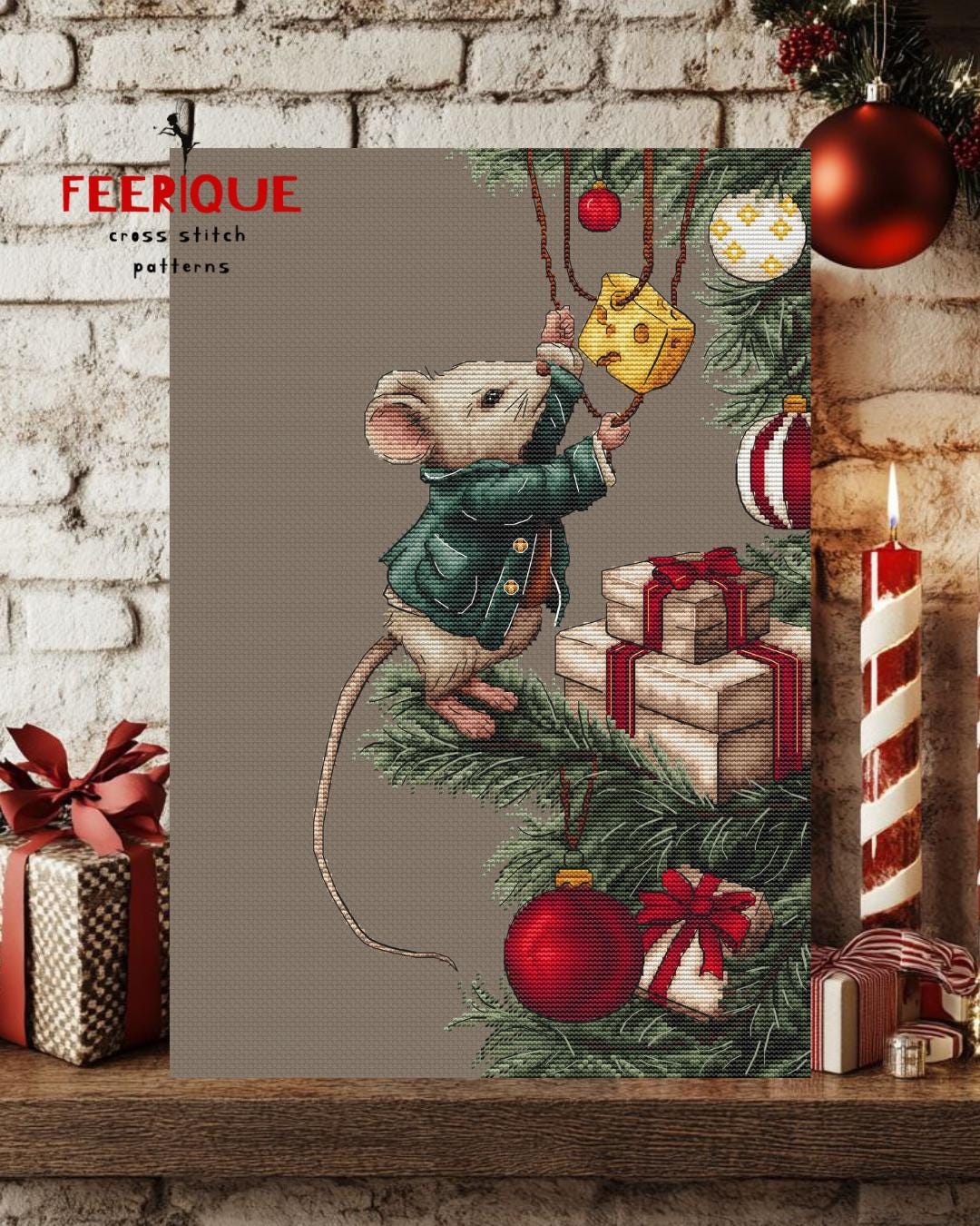 Cross stitch pattern “Merry Cheese-mas”. Christmas mouse and balloons chart. Feerique cross stitch. Holiday embroidery pattern. Xmas decor