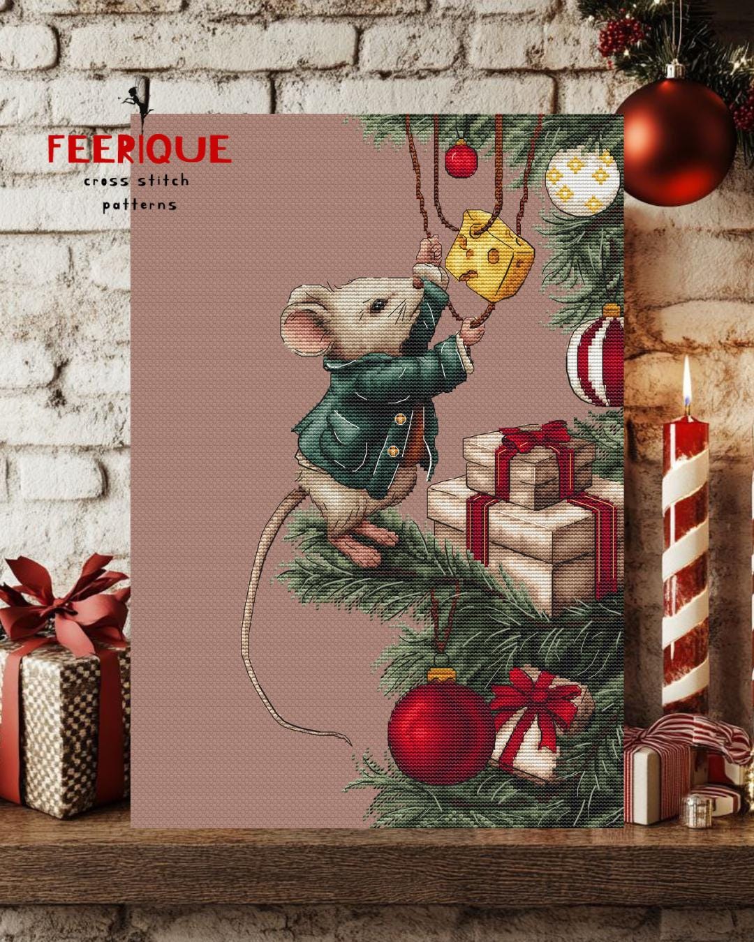 Cross stitch pattern “Merry Cheese-mas”. Christmas mouse and balloons chart. Feerique cross stitch. Holiday embroidery pattern. Xmas decor
