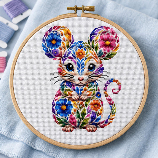 Colorful Mouse Cross Stitch Pattern | Floral Folk Art Embroidery