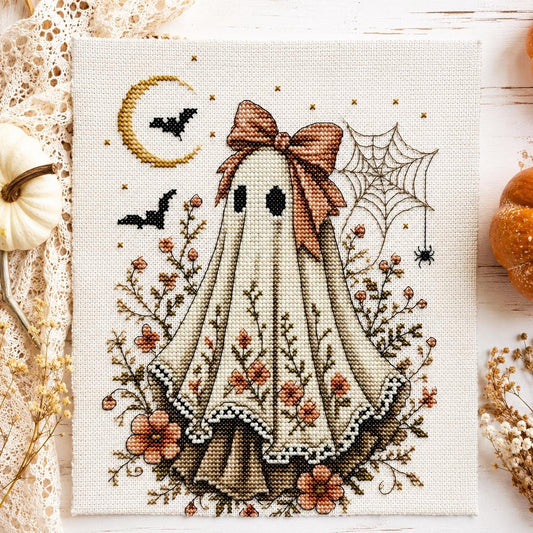 Cozy Halloween Ghost Cross Stitch Pattern | Cute Spooky PDF Embroidery