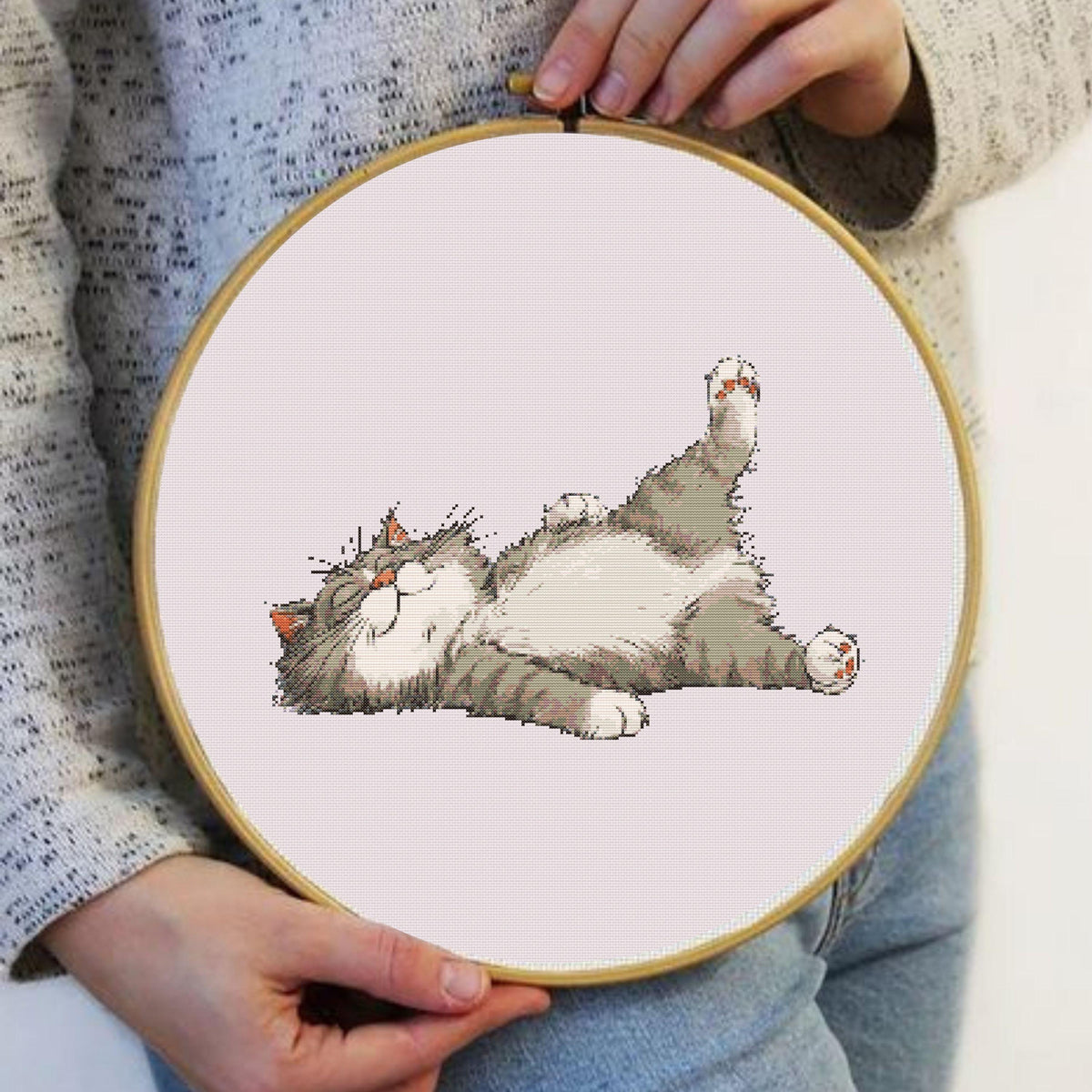 Lazy Cat Cross Stitch Pattern, Sleeping Kitty Embroidery Design, Relaxing Animal Art (Digital PDF)