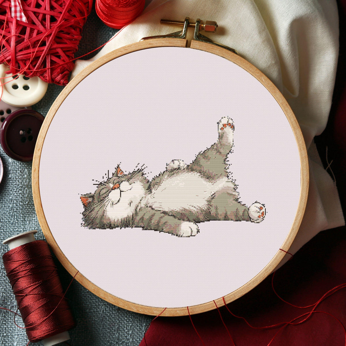 Lazy Cat Cross Stitch Pattern, Sleeping Kitty Embroidery Design, Relaxing Animal Art (Digital PDF)