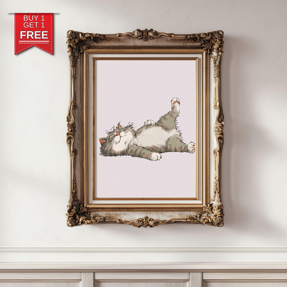 Lazy Cat Cross Stitch Pattern, Sleeping Kitty Embroidery Design, Relaxing Animal Art (Digital PDF)