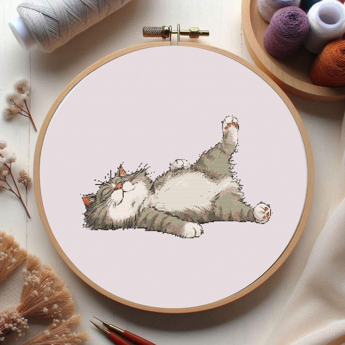 Lazy Cat Cross Stitch Pattern, Sleeping Kitty Embroidery Design, Relaxing Animal Art (Digital PDF)