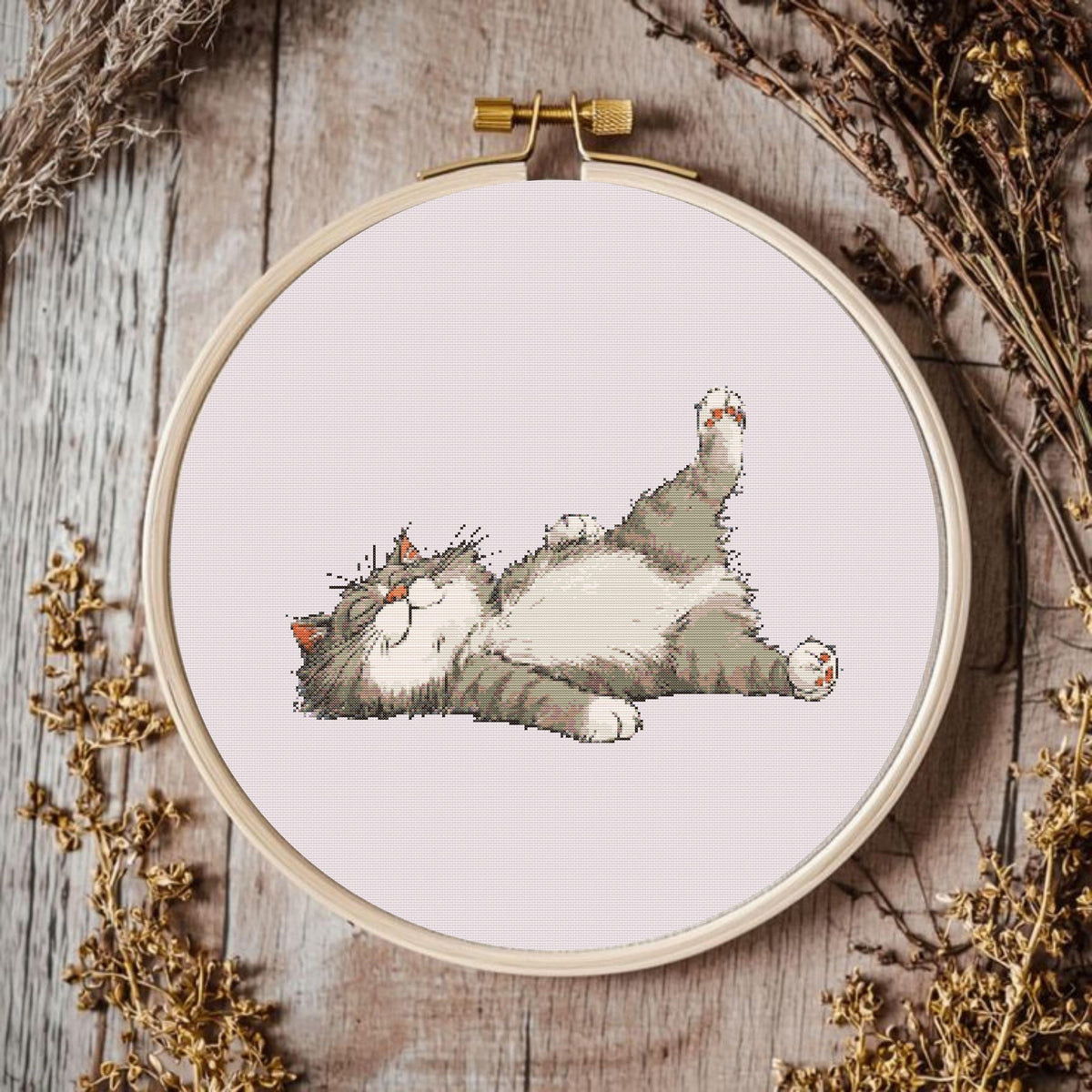 Lazy Cat Cross Stitch Pattern, Sleeping Kitty Embroidery Design, Relaxing Animal Art (Digital PDF)