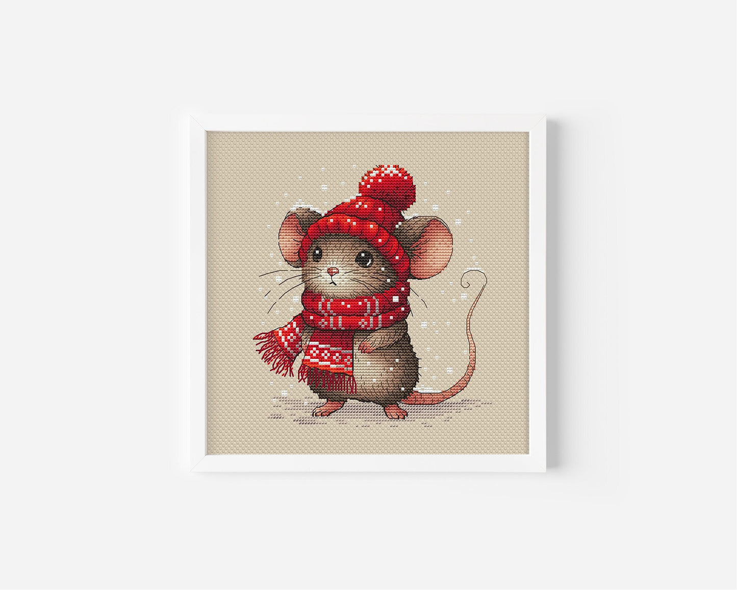 Mouse in a Beanie and Scarf Cross Stitch Pattern PDF, Christmas Mouse Hand Embroidery Design, Instant Download Needlepoint Printable File