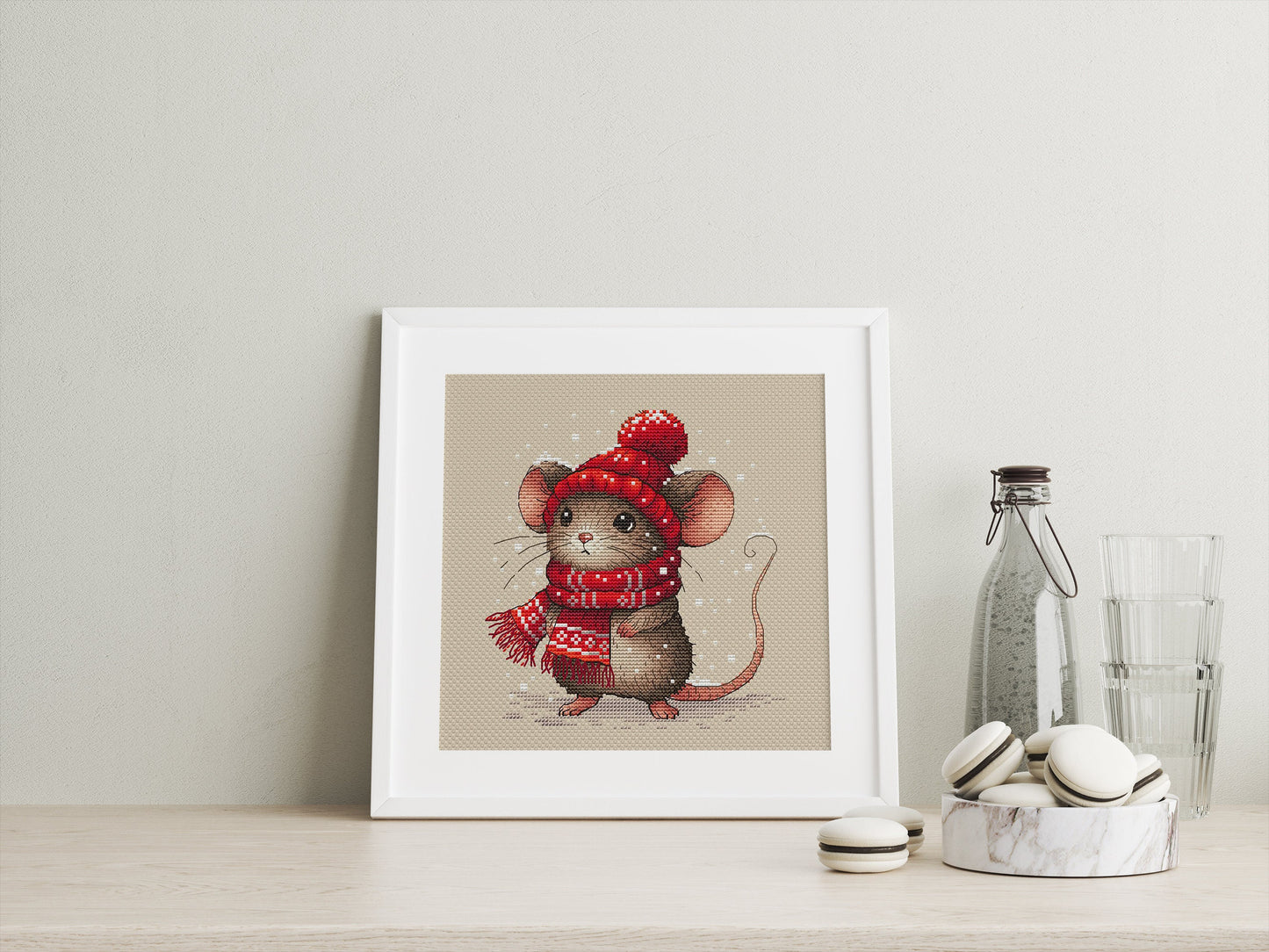 Mouse in a Beanie and Scarf Cross Stitch Pattern PDF, Christmas Mouse Hand Embroidery Design, Instant Download Needlepoint Printable File