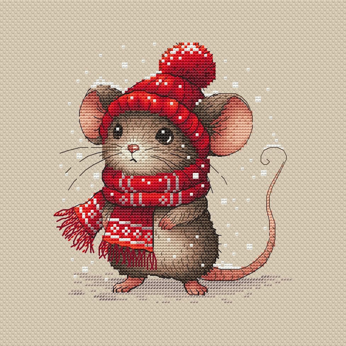 Mouse in a Beanie and Scarf Cross Stitch Pattern PDF, Christmas Mouse Hand Embroidery Design, Instant Download Needlepoint Printable File