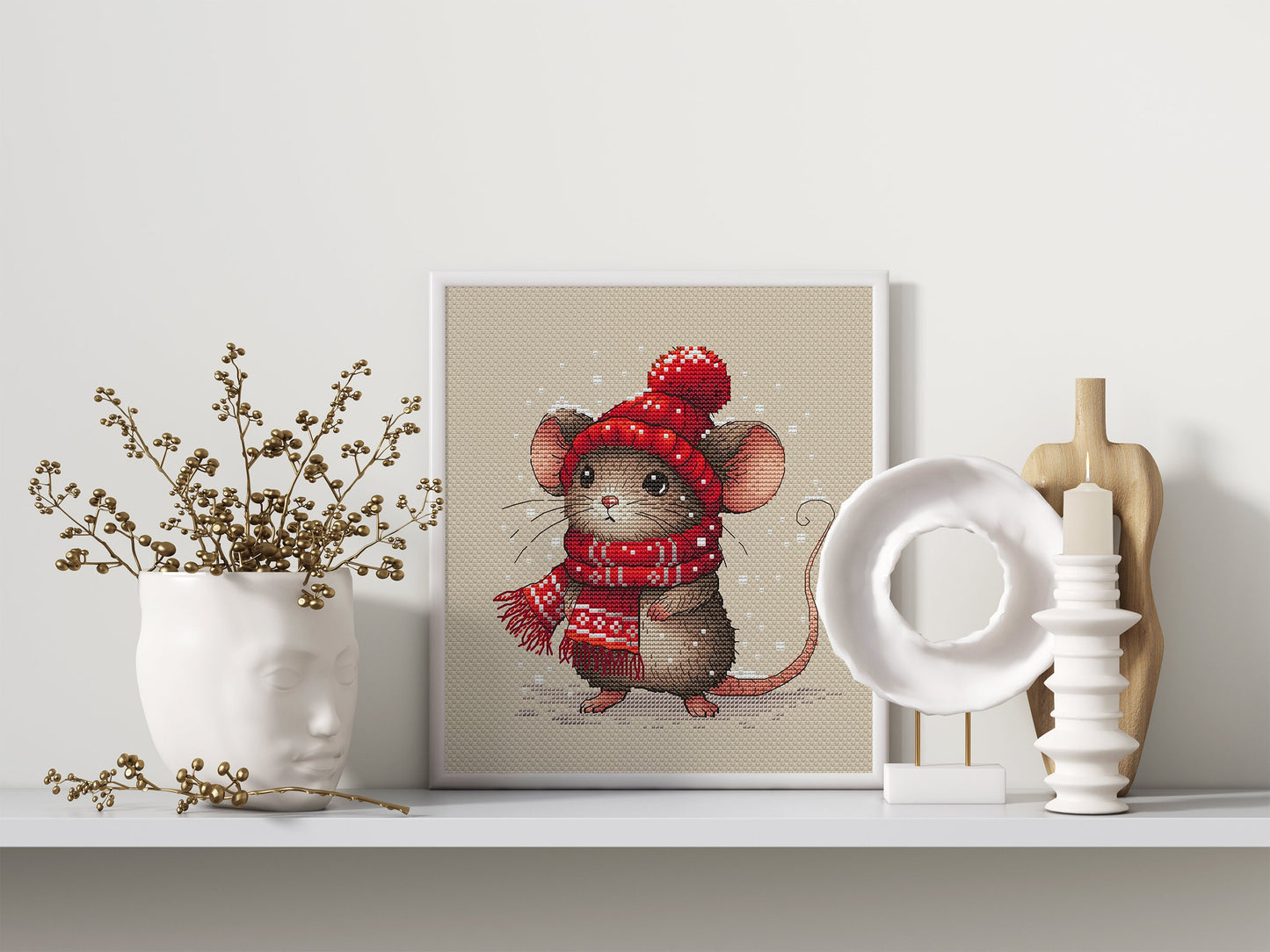 Mouse in a Beanie and Scarf Cross Stitch Pattern PDF, Christmas Mouse Hand Embroidery Design, Instant Download Needlepoint Printable File
