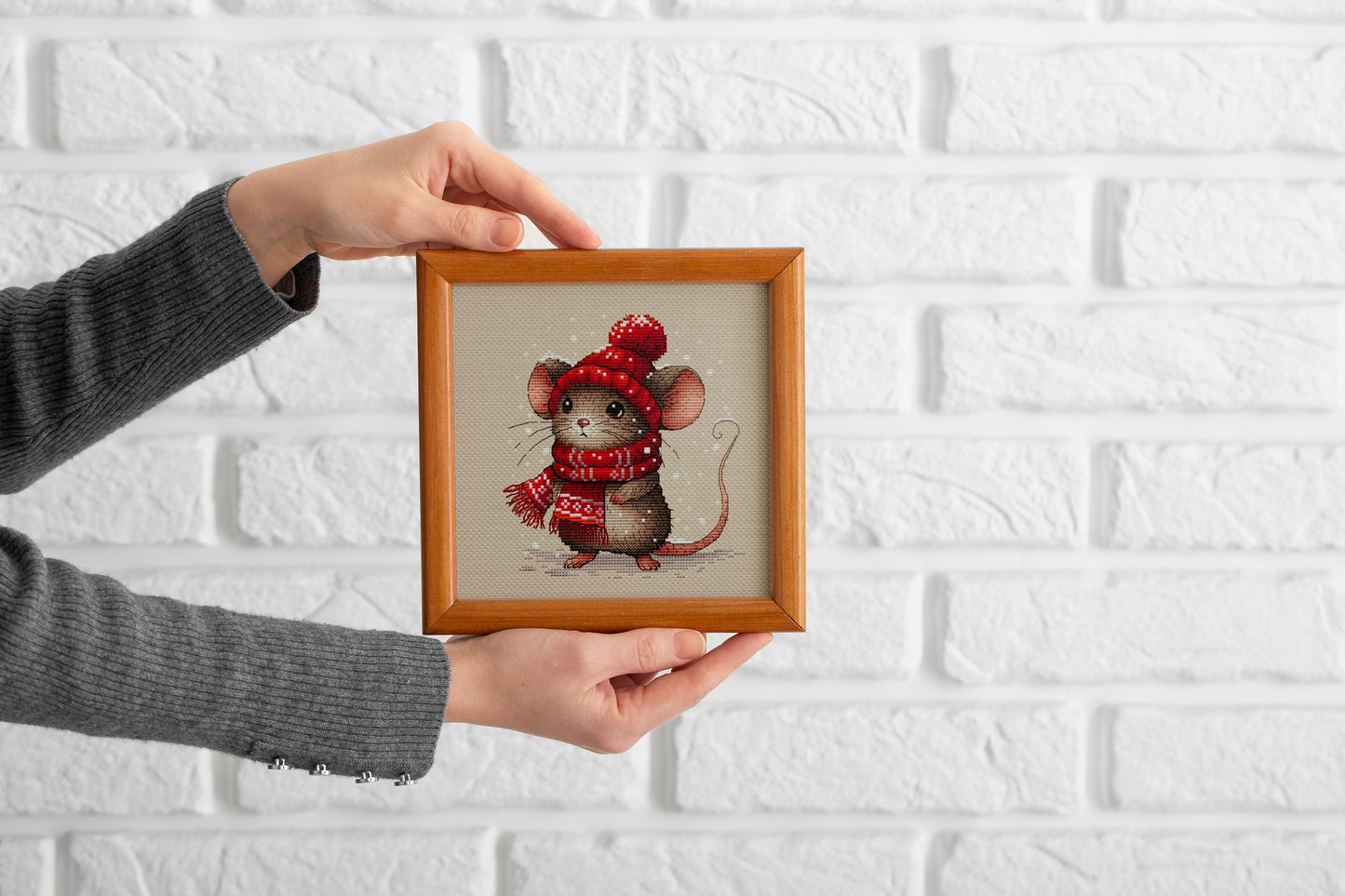 Mouse in a Beanie and Scarf Cross Stitch Pattern PDF, Christmas Mouse Hand Embroidery Design, Instant Download Needlepoint Printable File