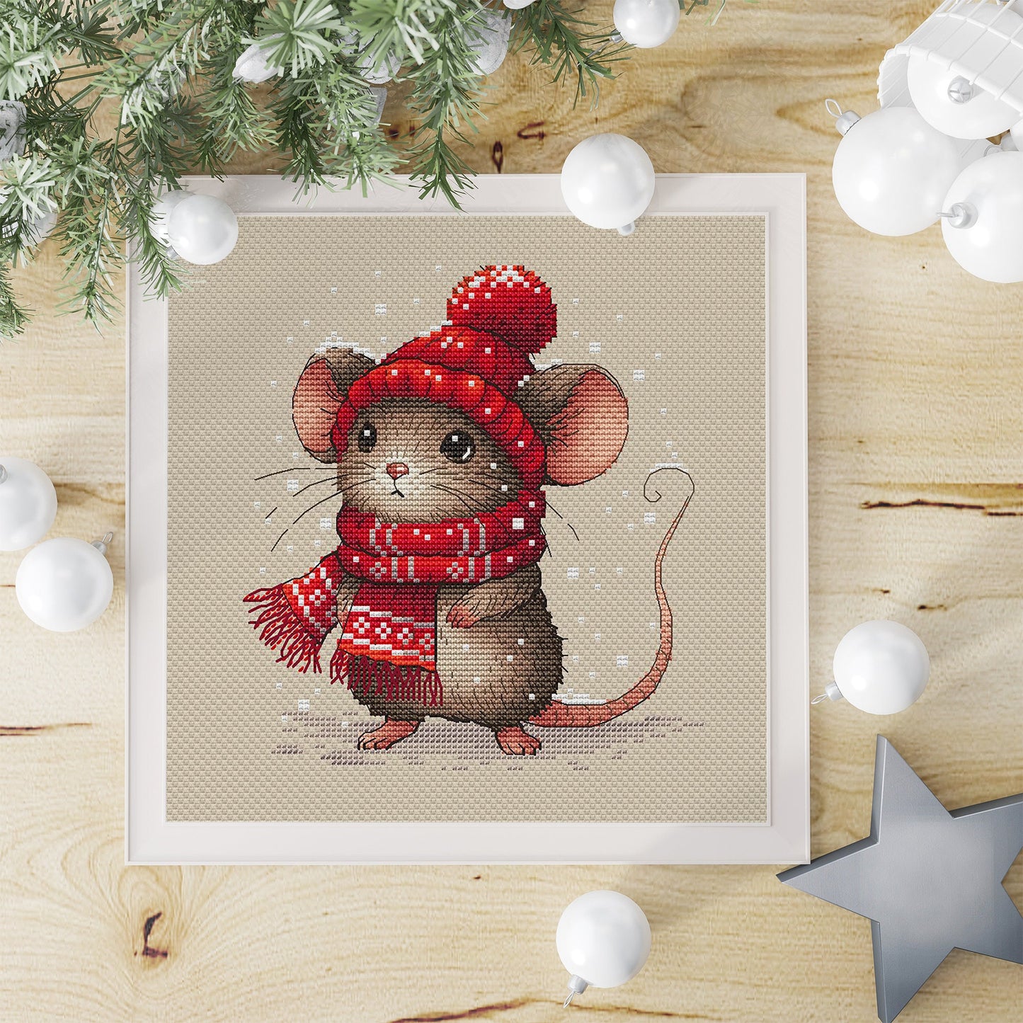Mouse in a Beanie and Scarf Cross Stitch Pattern PDF, Christmas Mouse Hand Embroidery Design, Instant Download Needlepoint Printable File