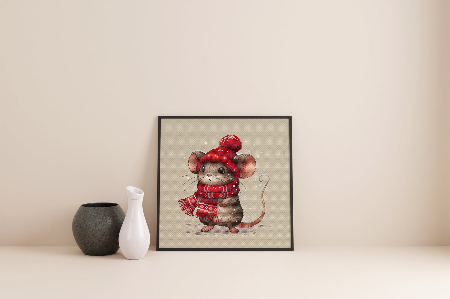 Mouse in a Beanie and Scarf Cross Stitch Pattern PDF, Christmas Mouse Hand Embroidery Design, Instant Download Needlepoint Printable File
