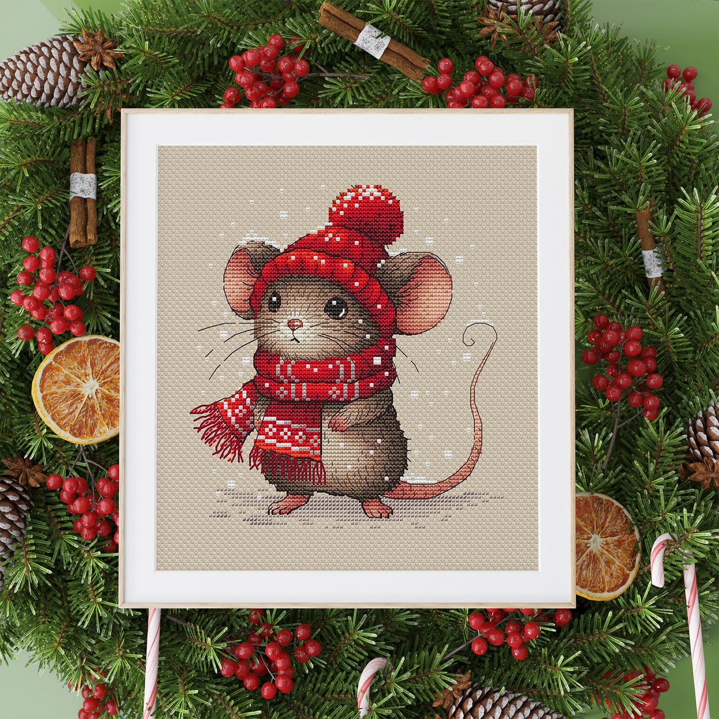 Mouse in a Beanie and Scarf Cross Stitch Pattern PDF, Christmas Mouse Hand Embroidery Design, Instant Download Needlepoint Printable File