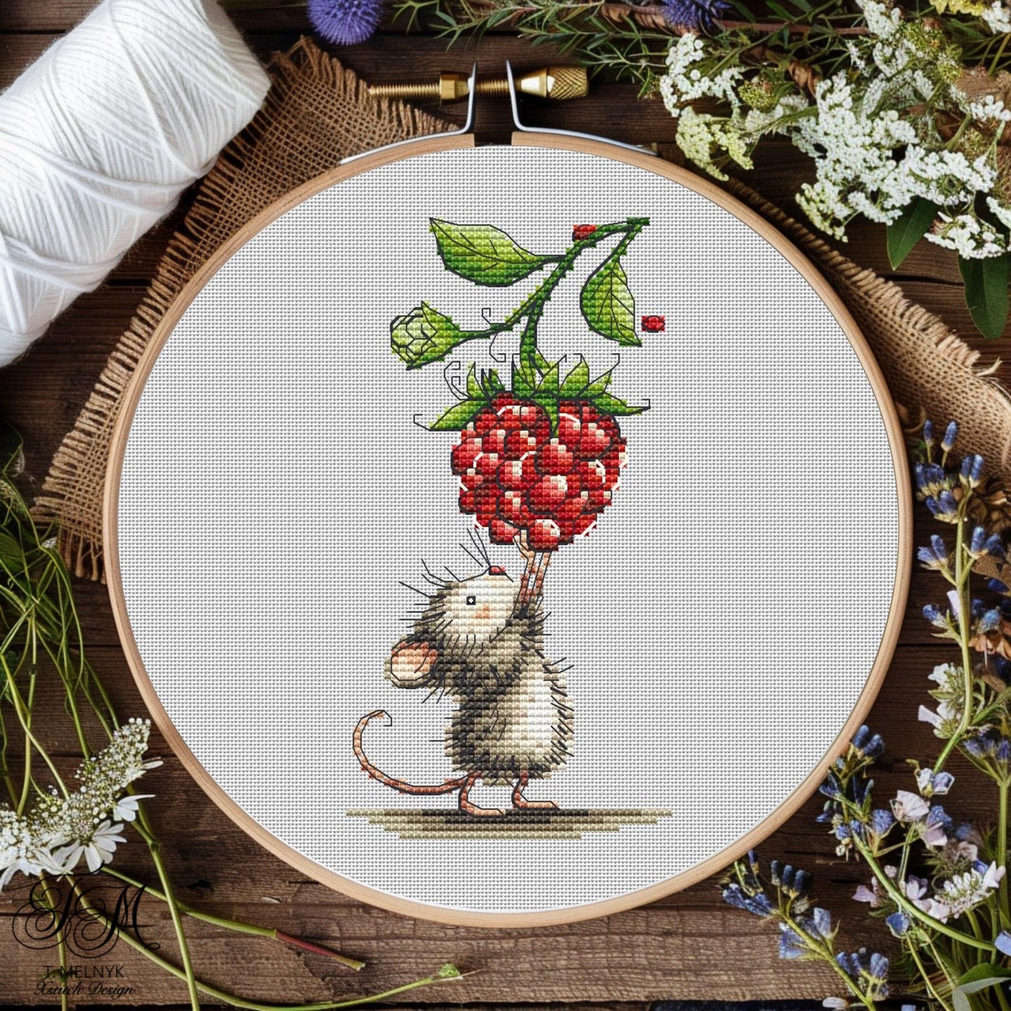 Mouse with Raspberry Cross Stitch Pattern Berry Lover Mouse Cross Stitch (PDF) Adorable Berry Lover Design