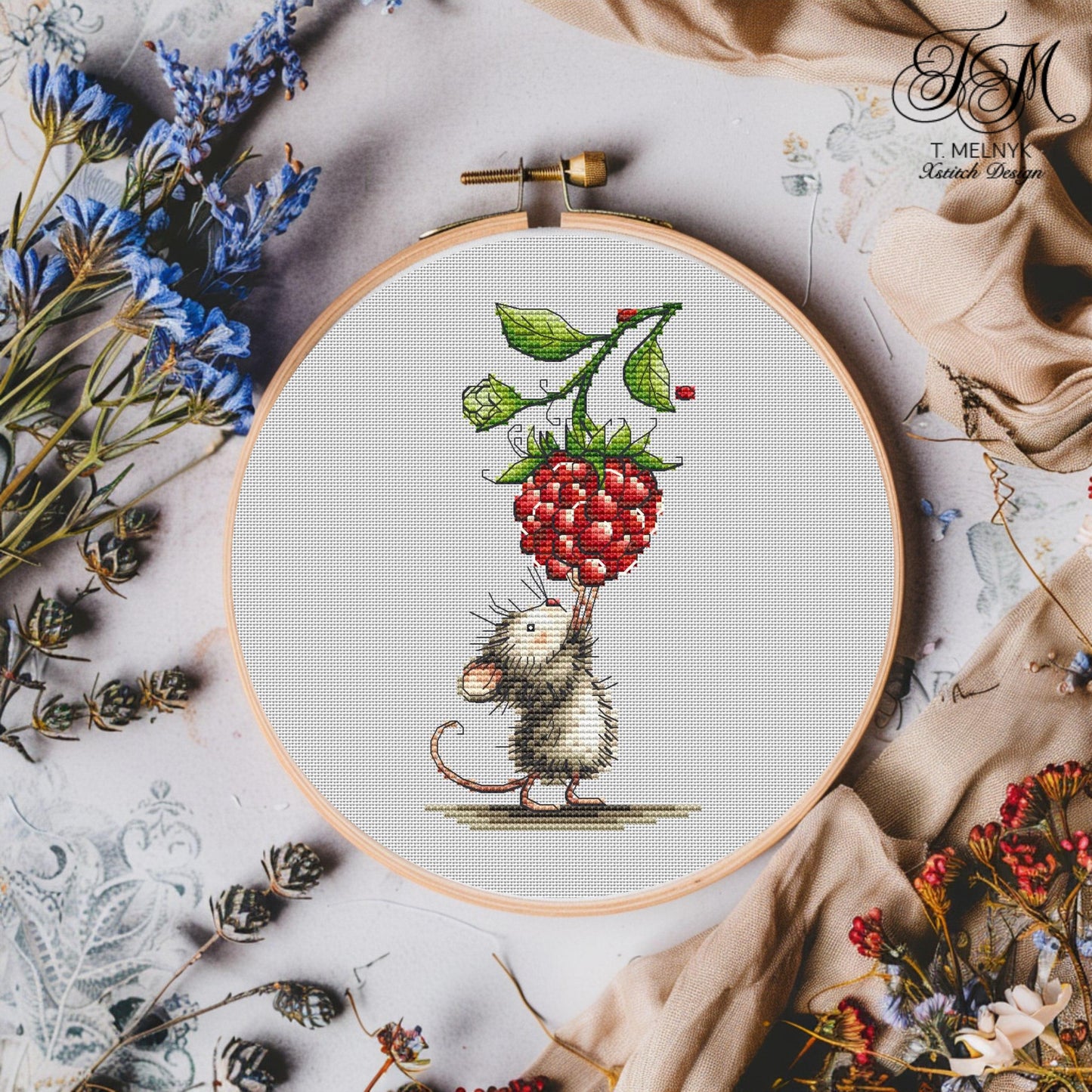 Mouse with Raspberry Cross Stitch Pattern Berry Lover Mouse Cross Stitch (PDF) Adorable Berry Lover Design