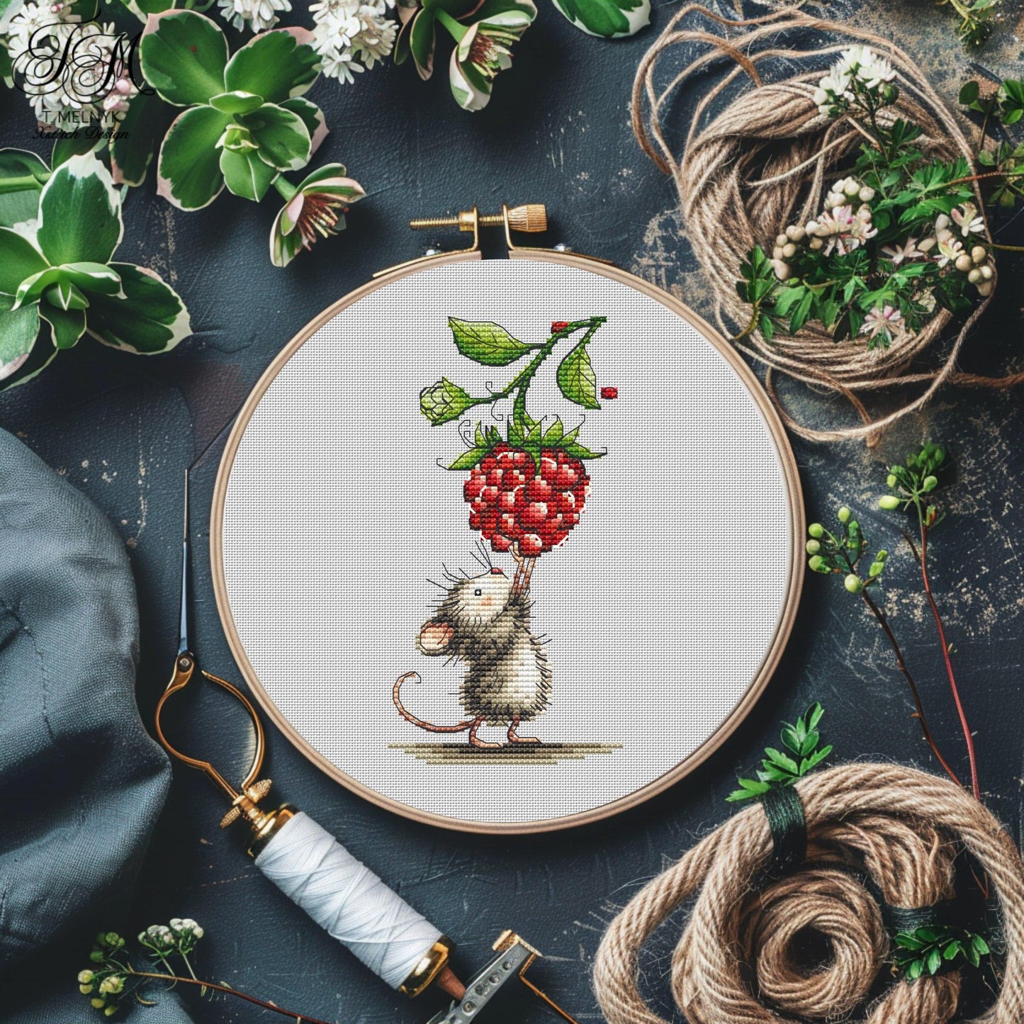 Mouse with Raspberry Cross Stitch Pattern Berry Lover Mouse Cross Stitch (PDF) Adorable Berry Lover Design