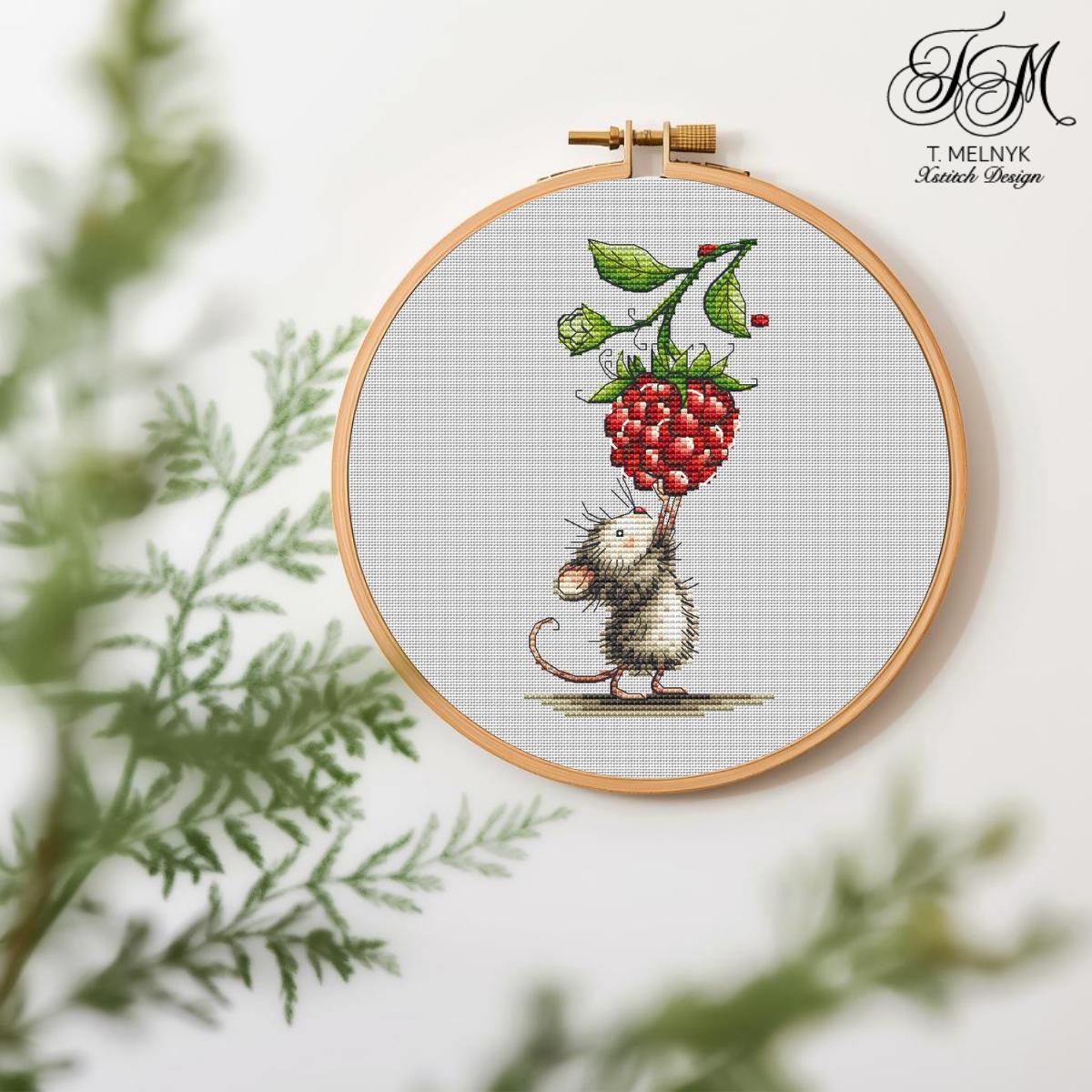 Mouse with Raspberry Cross Stitch Pattern Berry Lover Mouse Cross Stitch (PDF) Adorable Berry Lover Design