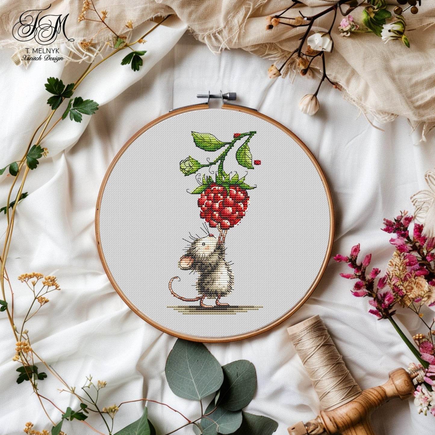 Mouse with Raspberry Cross Stitch Pattern Berry Lover Mouse Cross Stitch (PDF) Adorable Berry Lover Design